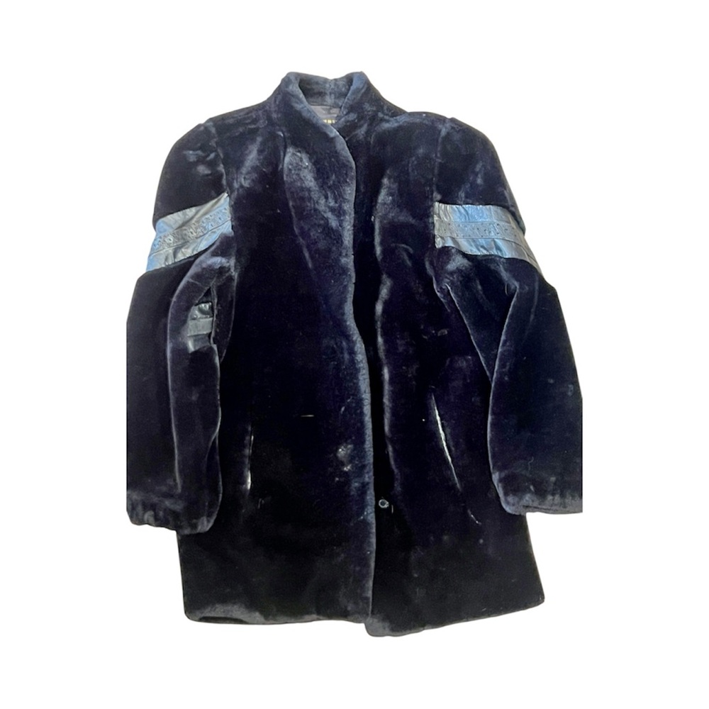 Vintage 80s Black Faux Fur Coat Leather Look Trim Made in USA M
